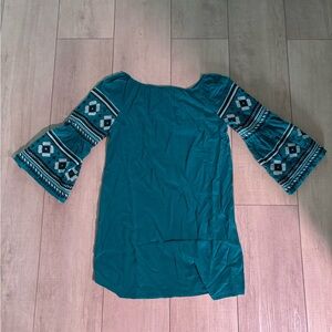 Curations Teal White Black Embroidered Boho Chic Festival Bell Sleeve Top Size S